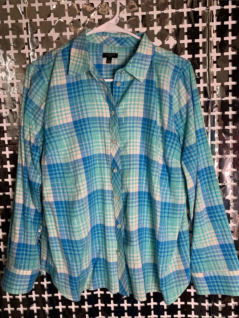 Talbots Turquoise and Blue Plaid Button-Down Shirt